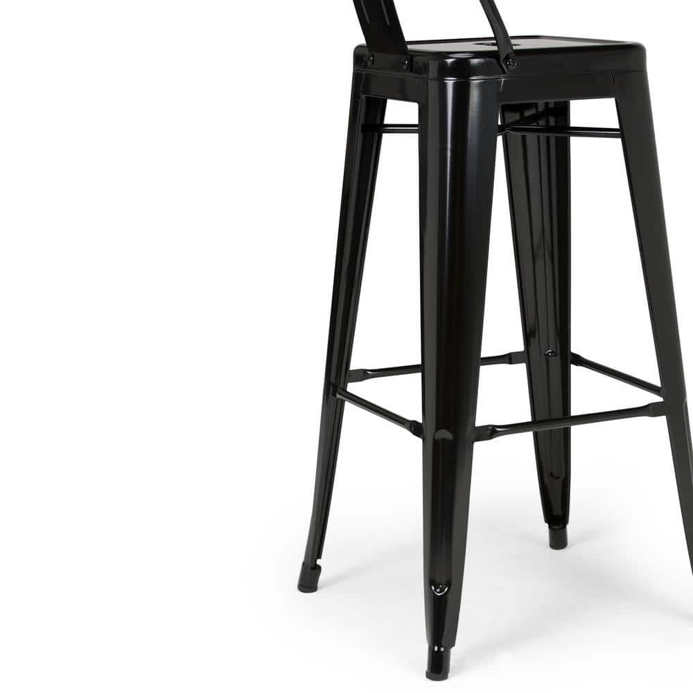 Simpli Home Rayne Metal Industrial Stool with Curved Back, Cross-Brace, and Footrest