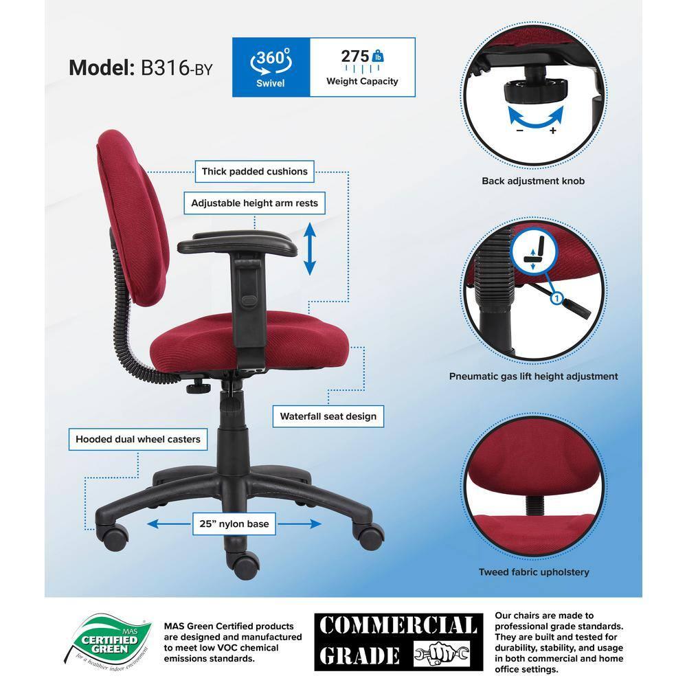 Deluxe Posture Chair with Adjustable Arms Burgundy - Boss Office Products: Ergonomic Swivel, Lumbar Support, Metal Frame
