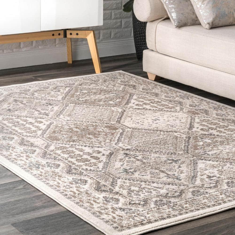 Nuloom 6 Round Becca  Tiled Indoor Area Rug, Beige, Faded Transitional Design, Stain Resistant, BedroomLiving Room, Kitchen,