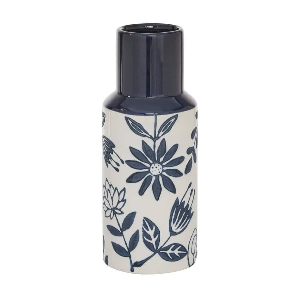 The Novogratz 12" Floral Handmade Blue Ceramic Vase