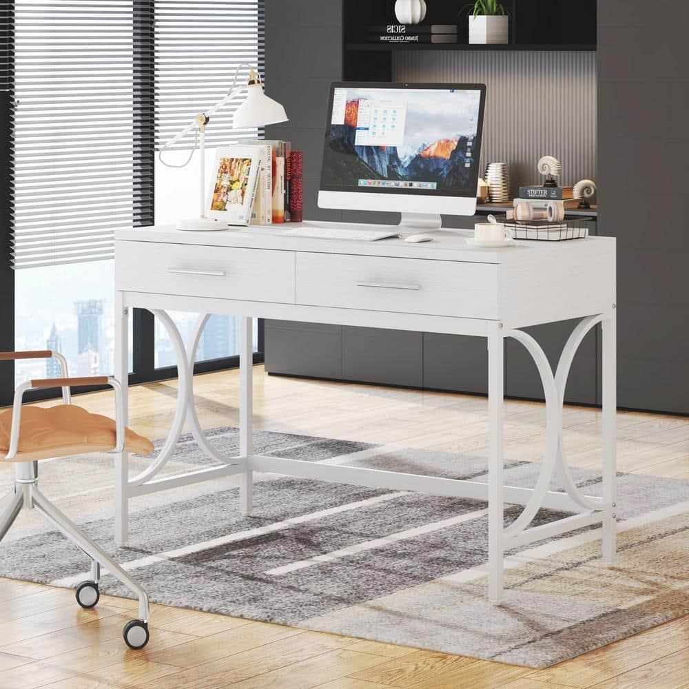 Tribesigns Modern Computer Desk with 2 Drawers, 41 Inches Study Writing Office Desk for Home Office, Bedroom, Makeup Vanity Table Desk with Metal Frame, White