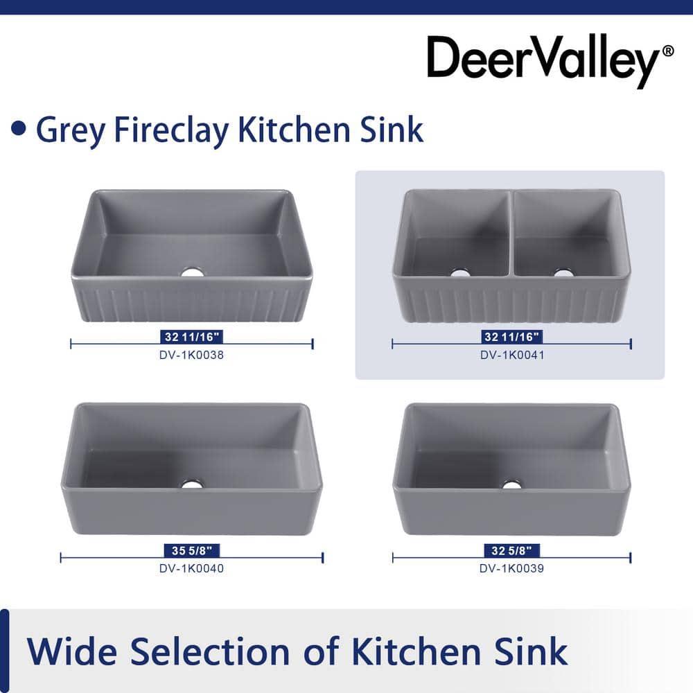DeerValley Nova 33" L x 18" W Double Bowl Fireclay Farmhouse Kitchen Sink with Sink Grid and Basket Strainer DV-1K0041