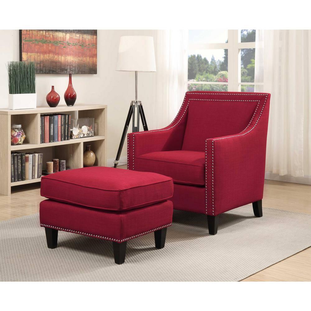 Emery Ottoman Berry - Picket House Furnishings: Contemporary Nailhead Trim, Square Upholstered Footstool