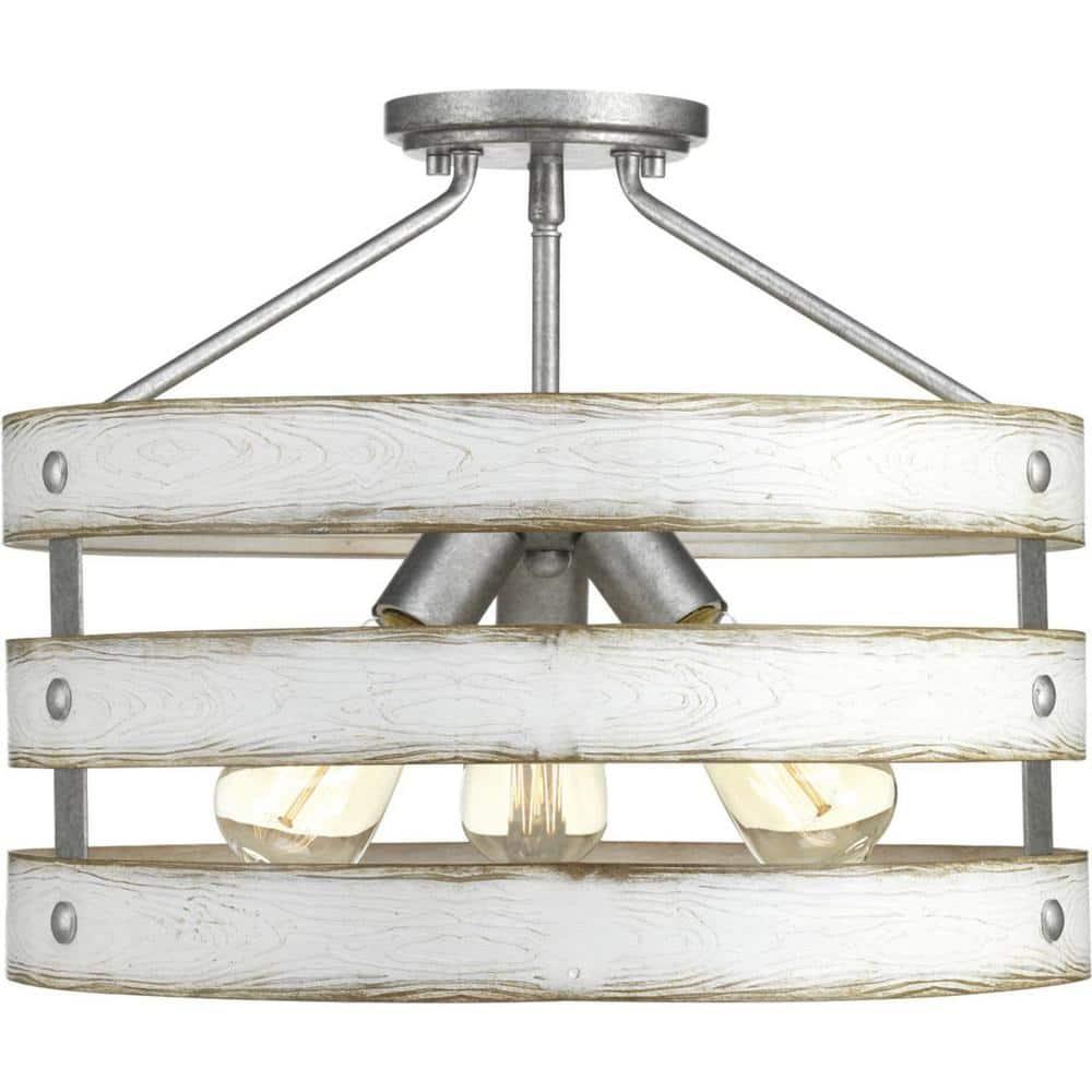 Progress Lighting Gulliver 3-Light Semi-Flush Convertible Ceiling Light, Galvanized Finish, Open Design