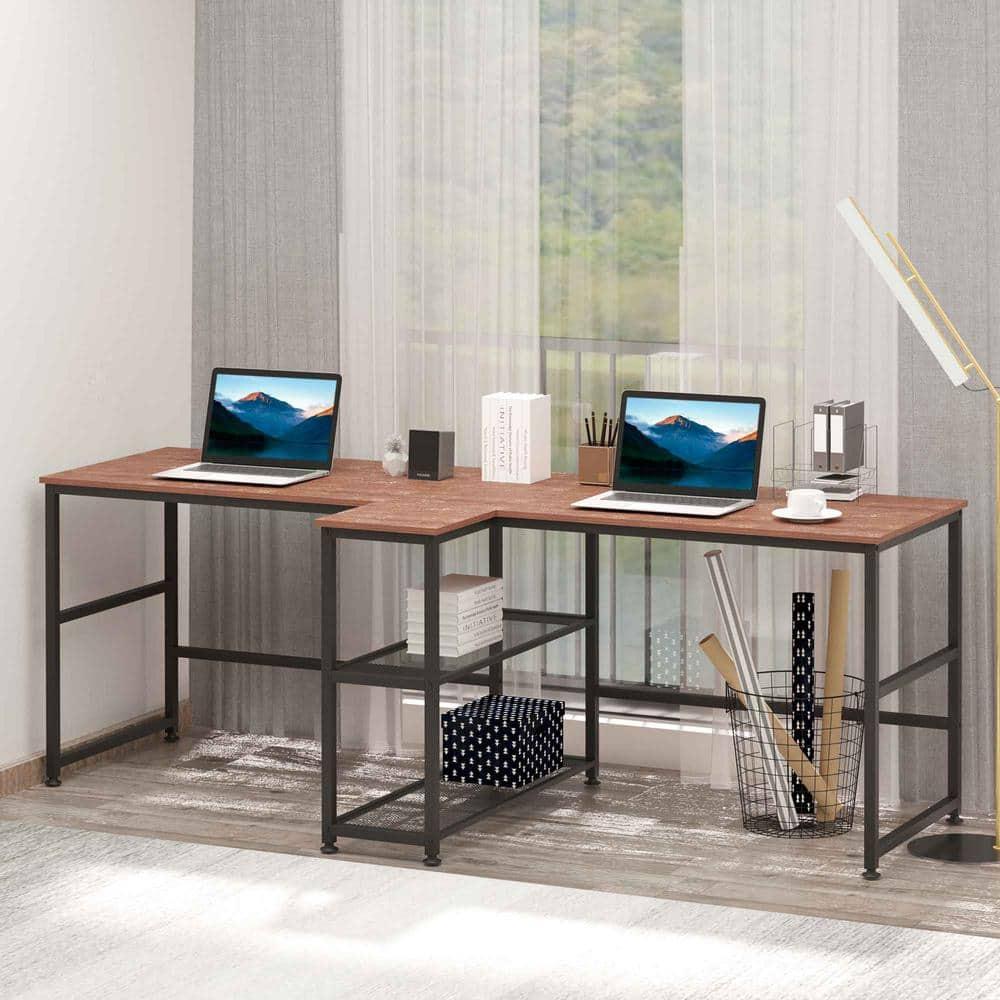 HOMCOM 83" Two Person Computer Desk with 2 Storage Shelves, Double Desk Workstation with Book Shelf,  Long Desk Table for Home Office, Dark Walnut