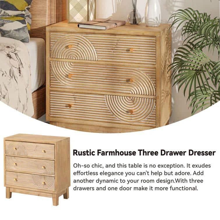 COZAYH 3-Drawer Farmhouse Dresser with Handicraft Wood Ring Motif, Fully Assembled Nightstand Wooden Finish for Boho, Mid-century, Rustic Style, Natural Wood