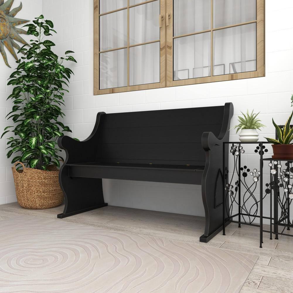 DecMode Wood Storage Bench with Scrolled Armrests, Black