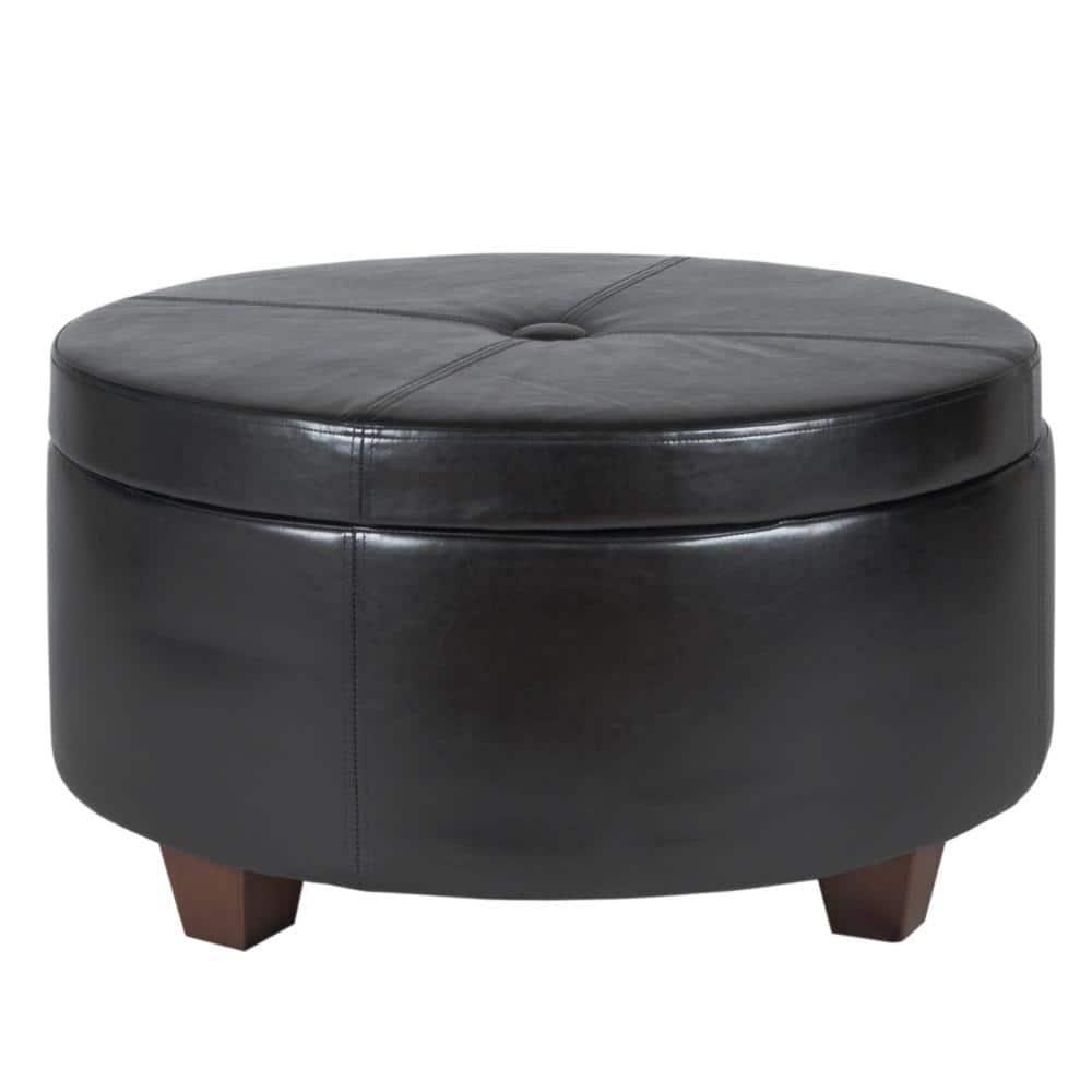 Leatherette Single Button Tufted Round Ottoman with Wooden Feet, Large, Black and Brown