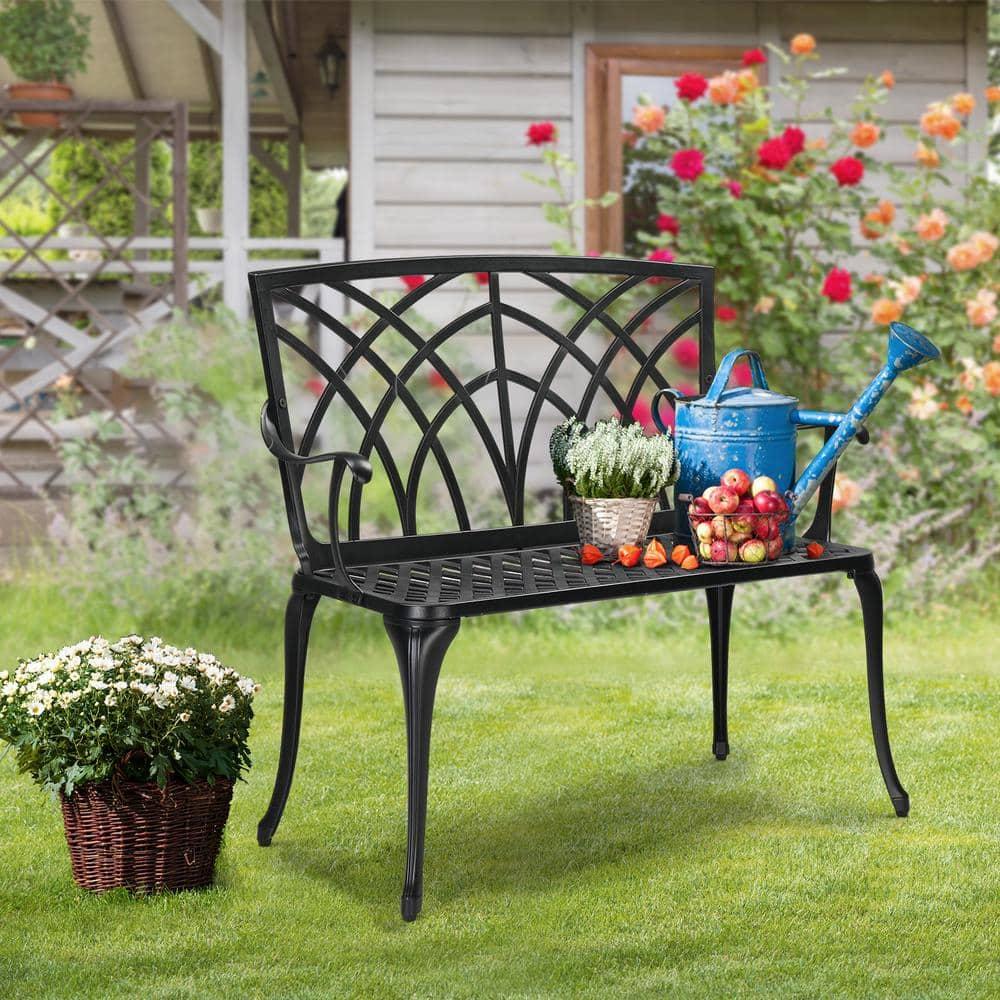 VINGLI 38" Outdoor Garden Orchid Bench, Black Cast Iron Cast Aluminium Solid Frame，Accented Yard Front Porch Patio Outside Park Decor Deck Furniture for 1-2 Person Seat