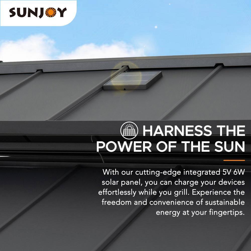 Sunjoy Sunjoy Wooden Grill Gazebo with Solar Power, 8 x 12 ft. Hardtop Gazebo for Year-Round Grilling, Outdoor Cedar Frame Cooking Shelter with Decorative Fence for Backyard BBQs Party