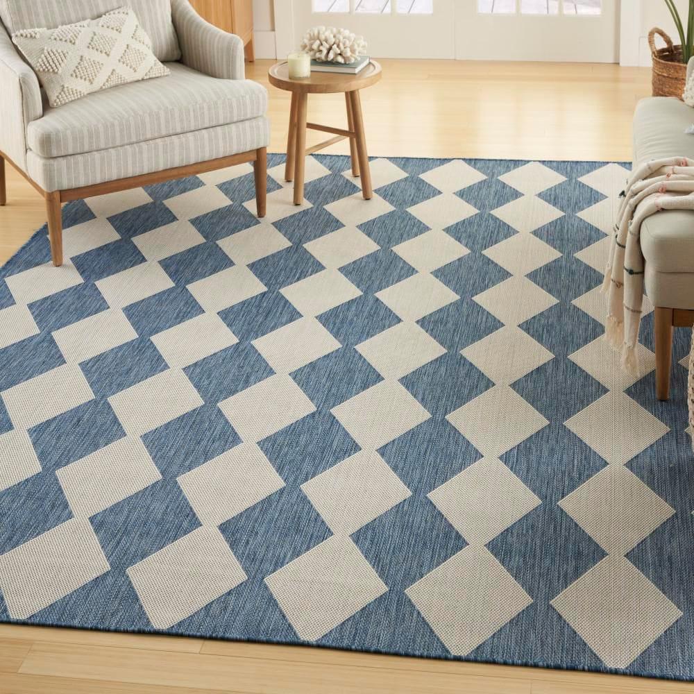 Nourison Positano Retro Diamond Flatweave Indoor Outdoor Low Pile Area Rug Navy Blue 6' x 9'