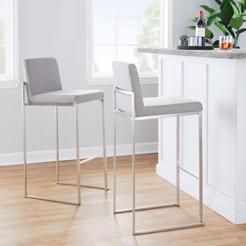 LumiSource Stainless Steel, Grey Fabric Fuji High Back Barstool - Set of 2