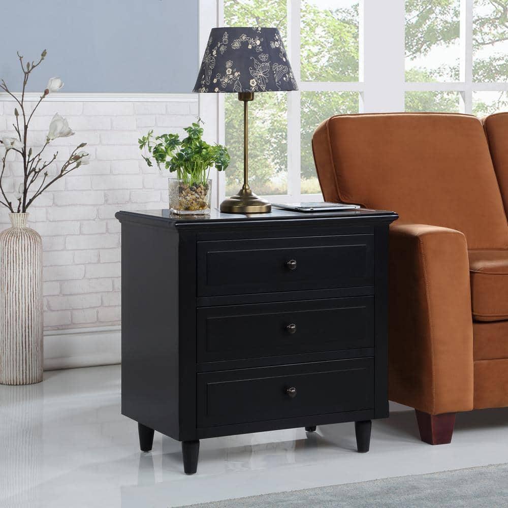 Glavbiku Modern 3 Drawer Nightstand,Wood Bedside Table for Bedroom,Black,28.1" H x 27.9" L,Adult
