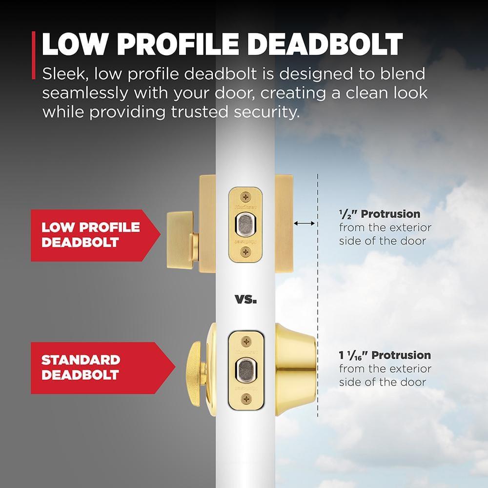 Kwikset Downtown Deadbolt Lock, Satin Brass Square Exterior Keyed Front Entry Door, Pick Resistant SmartKey Rekey Security, Single Cylinder Dead Bolt, with Microban Protection