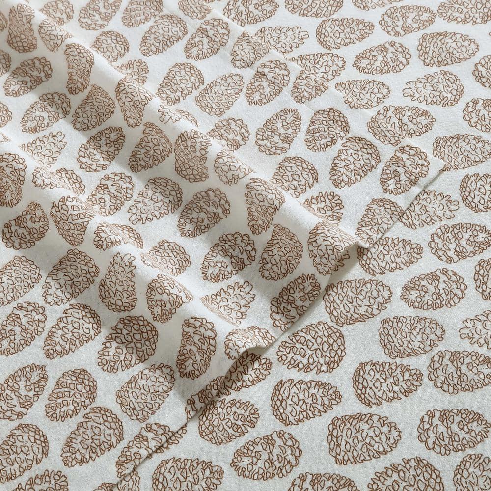 Beige Cotton Flannel Twin Sheet Set with Pine Cone Print