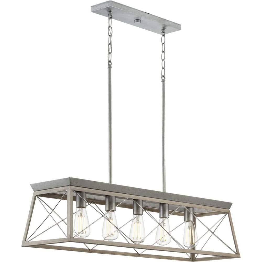 Progress Lighting Briarwood 5-Light Linear Chandelier, Galvanized Finish, Steel Material, Faux-Painted Wood Enclosure
