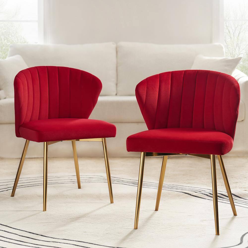 Velvet Upholstery Comfy Dining Chair Accent Channel Tufted Metal Legs Home Living Room Bedroom Kitchen Red