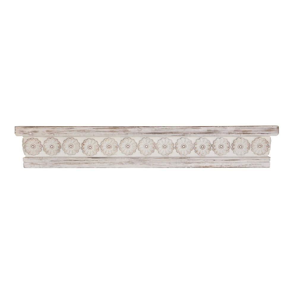DecMode 36" x 5" Intricate Carved 1-Tier White Floral Wall Shelf