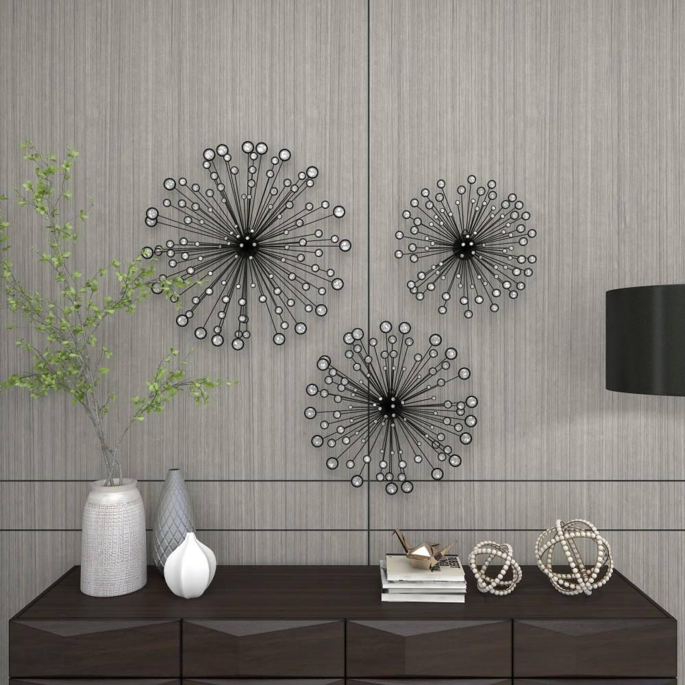 DecMode Black Metal Starburst Wall Decor with Crystal Embellishments (3 Count)