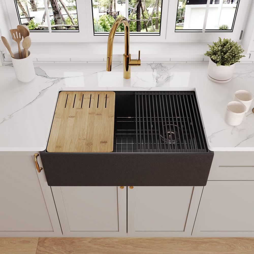 30-inch L Single Bowl Concrete Workstation Farmhouse Kitchen Sink Large Capacity Deep Dual Mount with Accessories