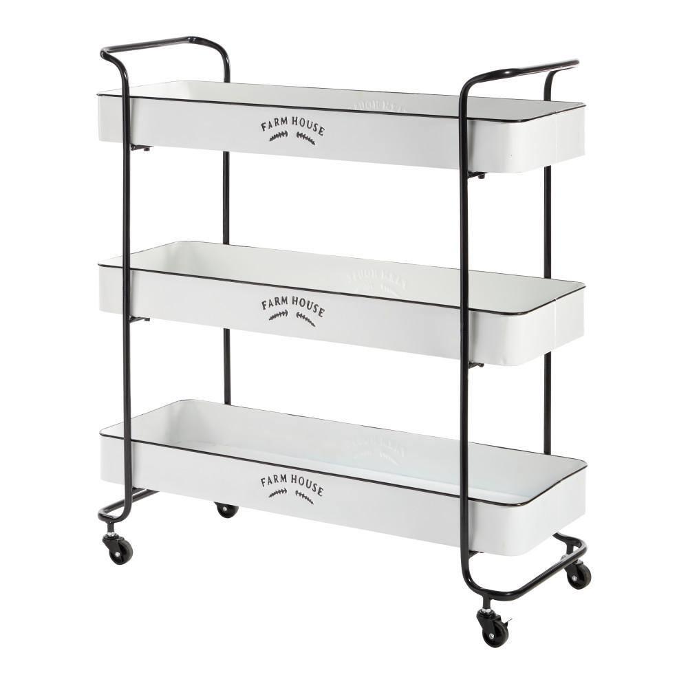 DecMode 32" x 35" White Metal Kitchen Rolling 3 Shelves Bar Cart with Black Accents and Farm House Design, 1-Piece