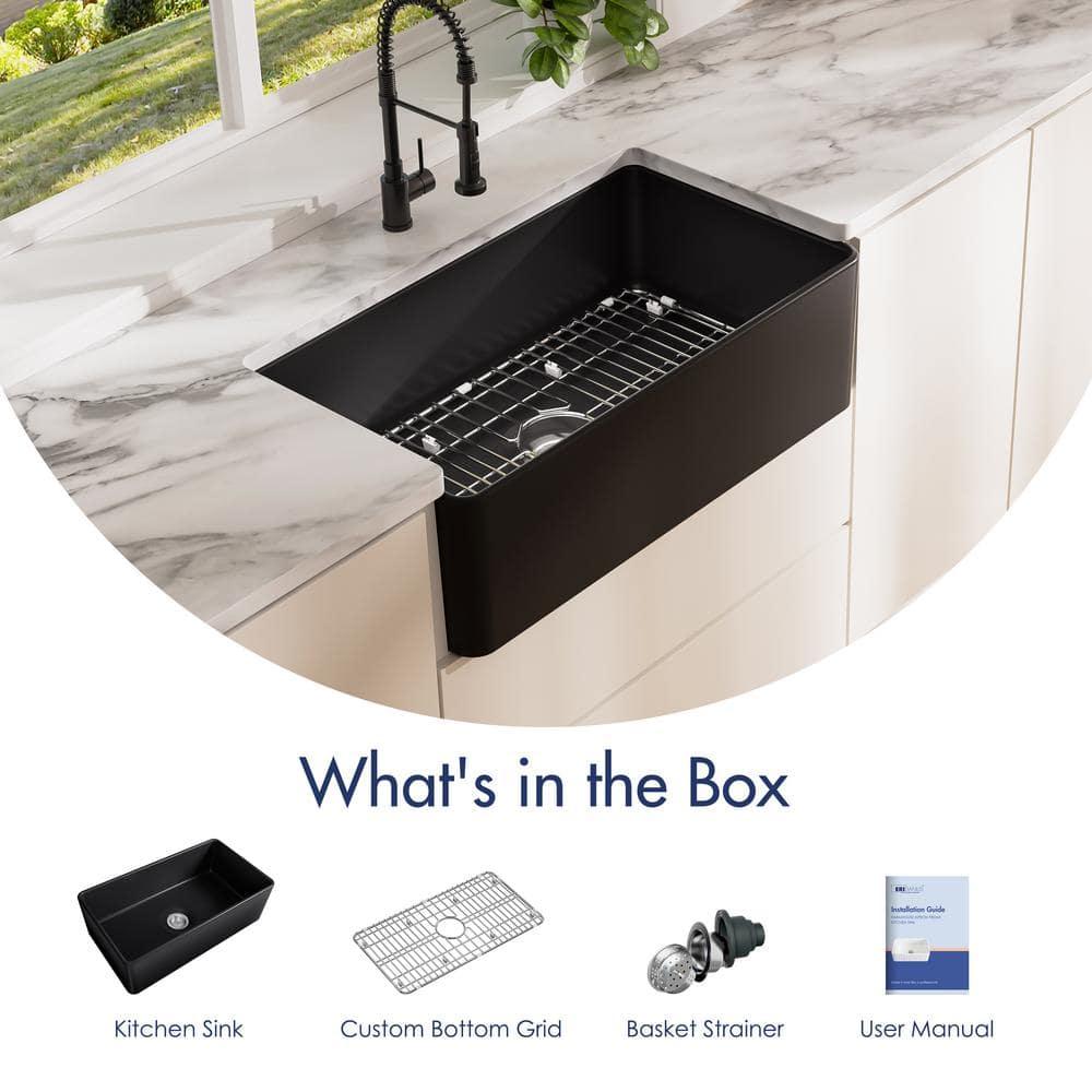 33" L x 20" W Fireclay Farmhouse Kitchen Sink with Sink Grid and Basket Strainer