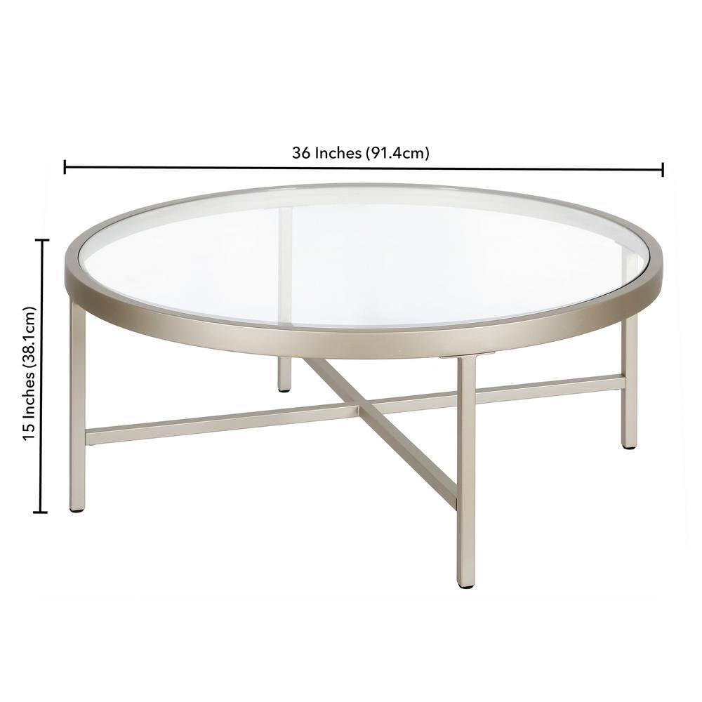 Evelyn&Zoe Xivil 36" Wide Round Coffee Table with Glass Top, Satin Nickel