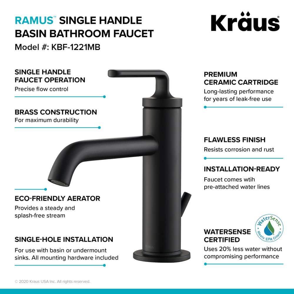 KRAUS Ramus Single Handle Bathroom Sink Faucet with Lift Rod Drain