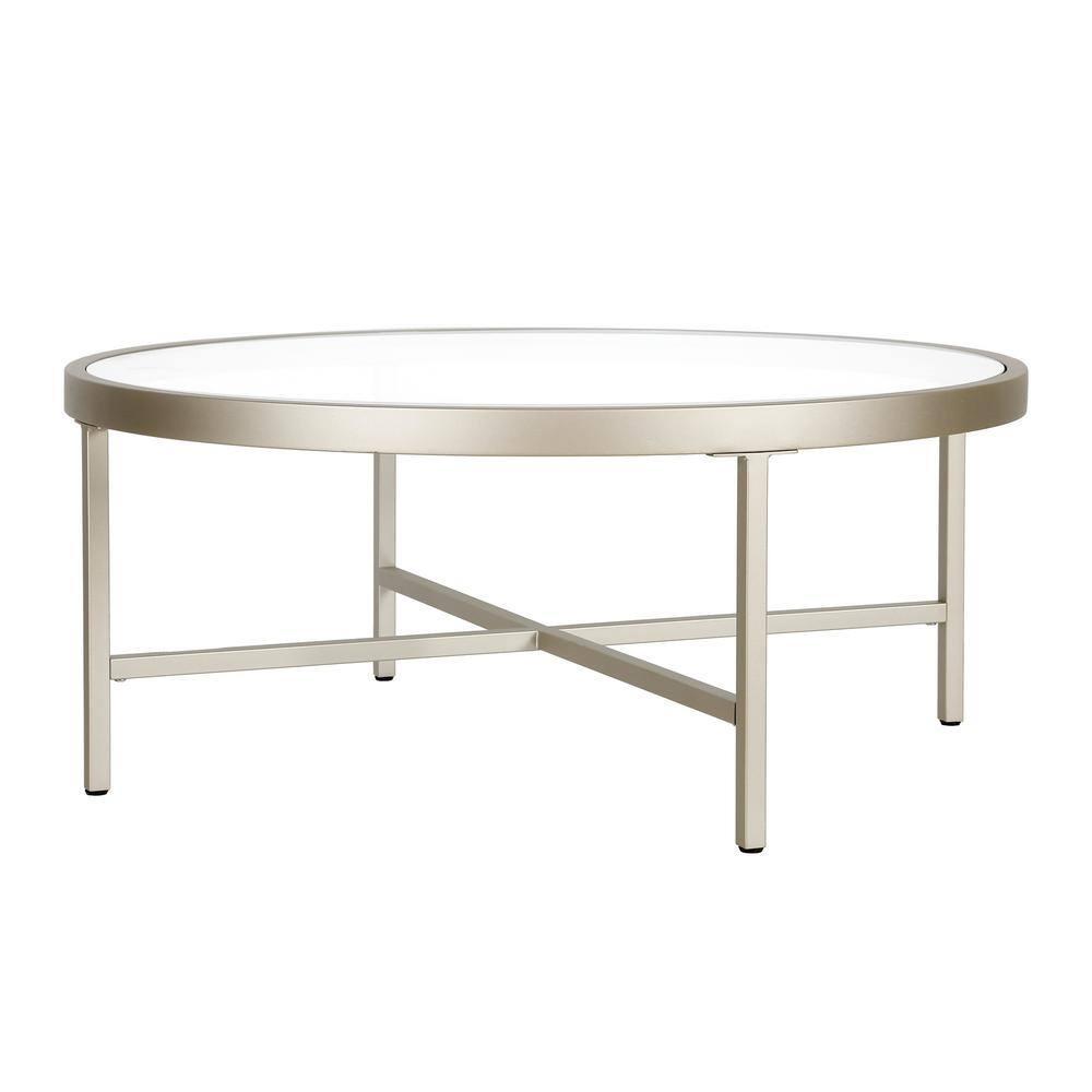 Evelyn&Zoe Xivil 36" Wide Round Coffee Table with Glass Top, Satin Nickel