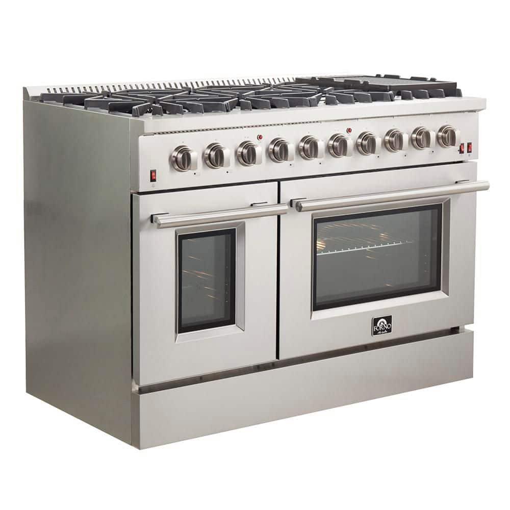 Galiano 48-inch Gas Range Stainless Steel, 8 Burners, 107,000 BTU, Griddle, Double Ovens