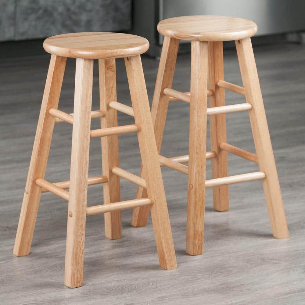 PJ Wood Round-Seat 24 Inch Tall Kitchen Counter Stools for Homes, Dining Spaces, and Bars with Backless Seats, 4 Square Legs, Natural, Set of 2