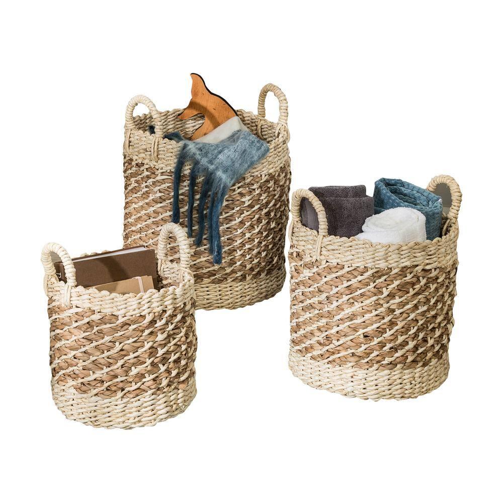 Coastal Wicker Basket With Handles - Set of 3