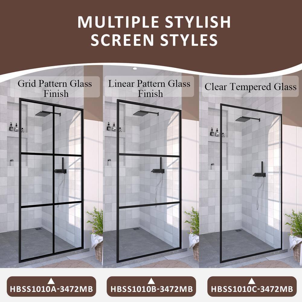 Hermitage Bath Hilma 34 In. W X 72 In. H Fixed Framed Shower Door In Matte Black Finish With Patterned Glass 1010A-HBMB