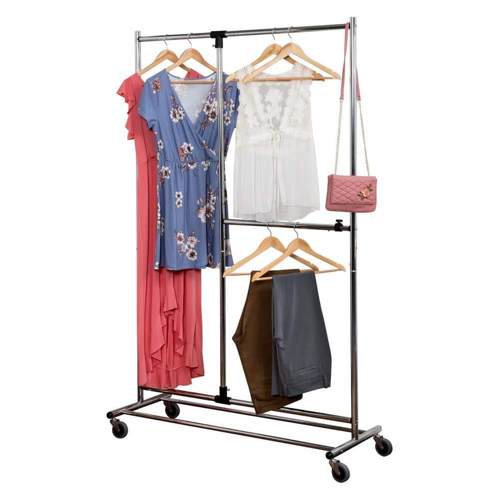 Honey-Can-Do 2 Tier Garment Rack: Adjustable Chrome Closet Rack, Rolling Steel Frame, 30 lb Capacity