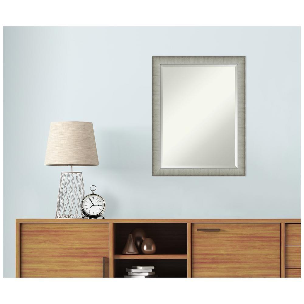Amanti Art Beveled Bathroom Wall Mirror - Elegant Frame Elegant Brushed Pewter Narrow Outer Size: 21 x 27 in Silver