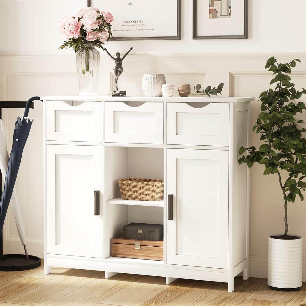 Bathroom Storage Cabinet Freestanding Wooden Floor Cabinet with Adjustable Shelf and Double Door White
