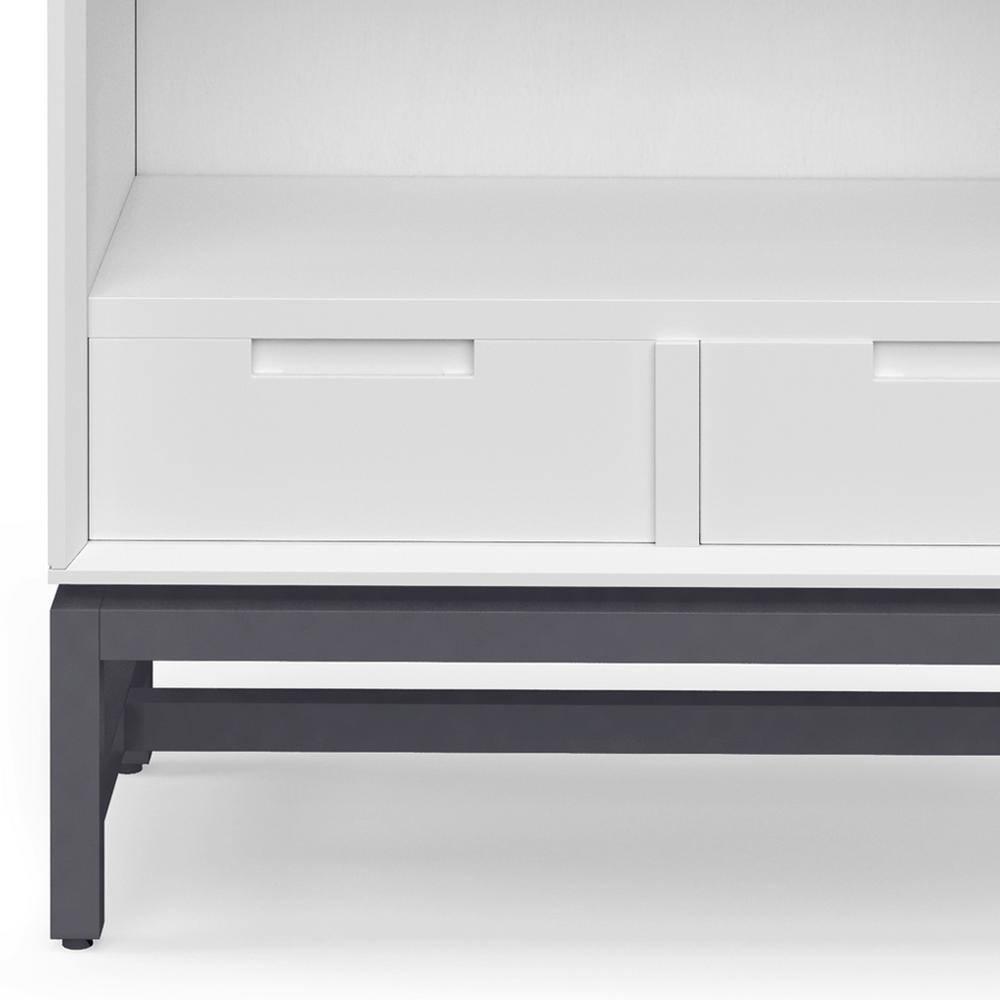 Simpli Home Banting 30"W Solid Wood 4 Shelf Industrial Bookcase with 2 Drawers, Adjustable Shelves, and Metal Base