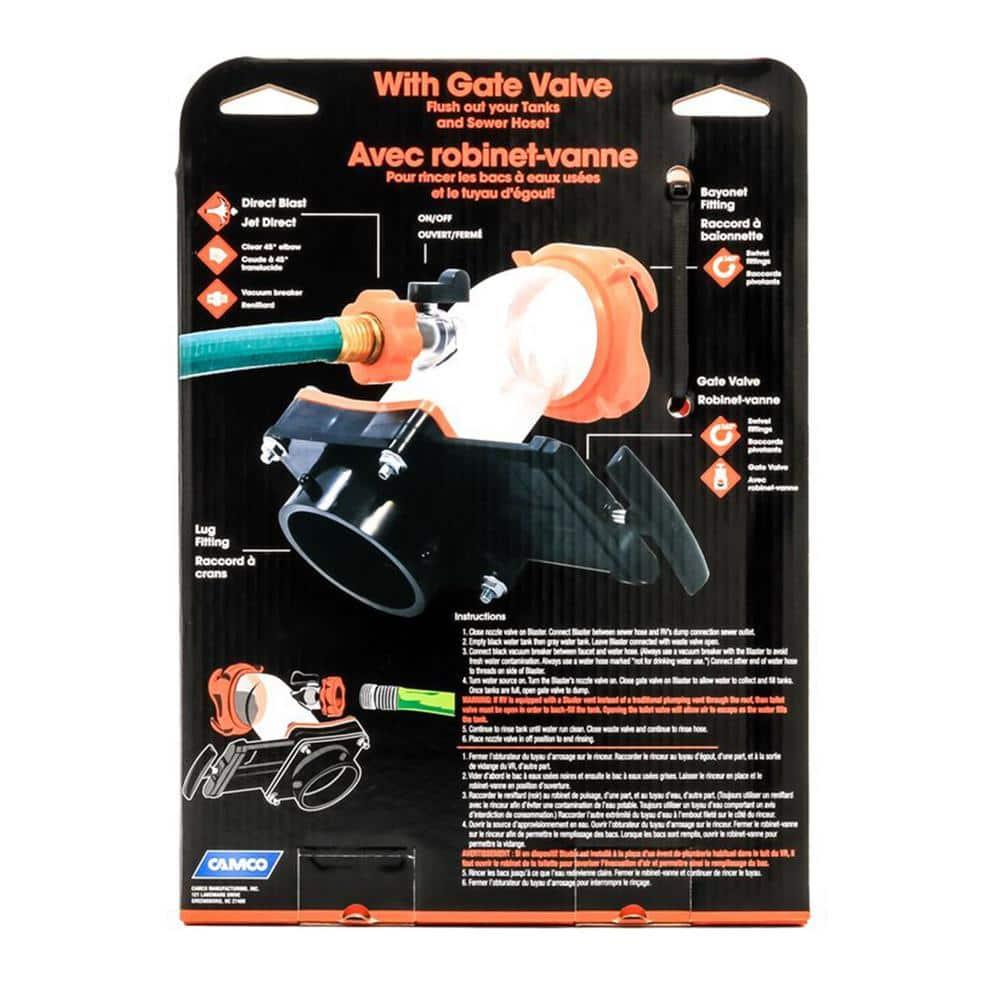 Camco Rhino Blaster Pro Clear Elbow Trailer RV Holding Tank Rinser w/Gate Valve, Vacuum Breaker, & 4-Prong Bayonet Swivel Fitting for Waste Management
