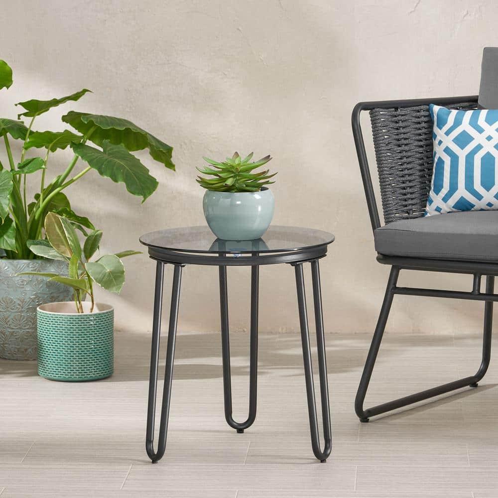 GDFStudio San Marco Outdoor Iron and Tempered Glass Side Table, Black