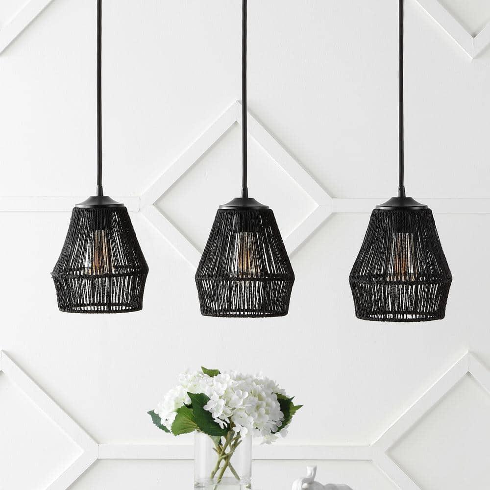 30" 3-Light Ibiza Island Woven Rope/Metal Bohemian Coastal Linear Pendant (Includes LED Light Bulb) Black - JONATHAN Y