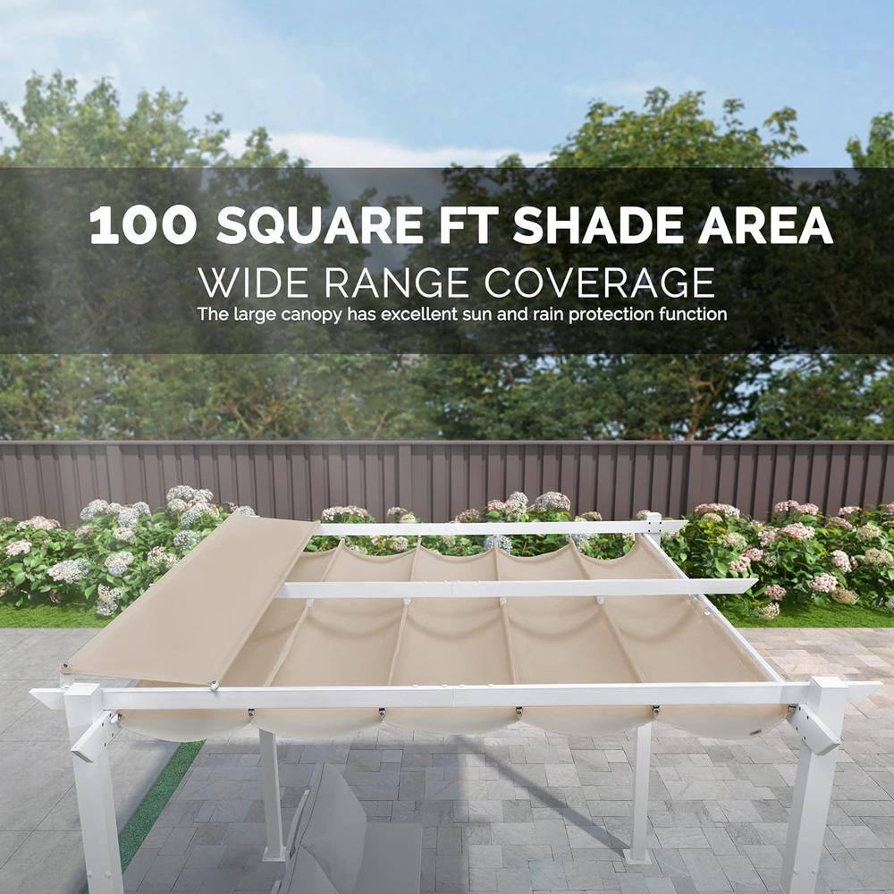 PURPLE LEAF 10' x 10' Outdoor Retractable Pergola with Double Sun Shade Canopy and White Heavy-Duty Aluminum Frame Patio Modern Adjustable Canopy Pergola for Garden Deck and Backyard, Khaki