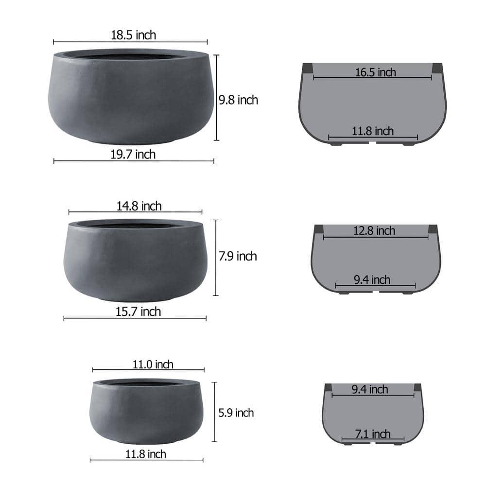 Rosemead Home & Garden 3pc Kante Concrete Outdoor Planter Pots Black 19.6"x19.6"x19.6"
