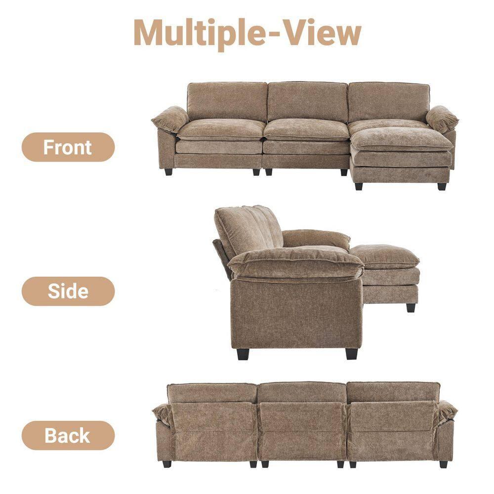 Karl home Sectional Sofa Modular Deep Seat Sofa Couch with Ottoman, Chenille Sofa Sleeper Comfy Upholstered Furniture for Living Room, Apartment, Studio, Office, (3-Seat & 1-Ottoman, Light Brown)