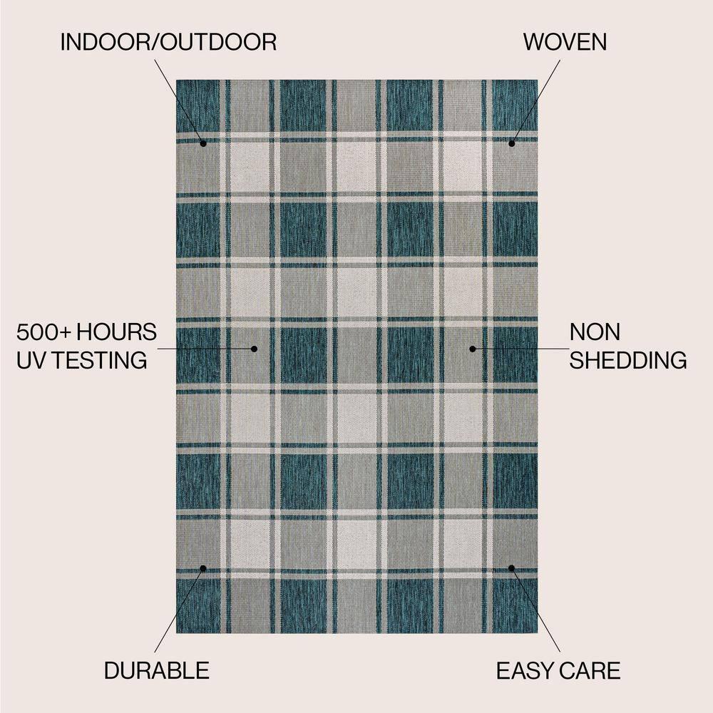Sabine Traditional Farmhouse Bold Gingham Turquoise/Cream 4 ft. x 6 ft. Indoor/Outdoor Area Rug