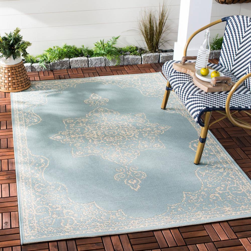 SAFAVIEH Beach House Janine Medallion Indoor/Outdoor Area Rug, Cream/Aqua, 2'2" x 4'