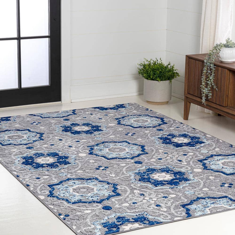 4'x6' Mediterranean Medallion Indoor/Outdoor Area Rug, Blue/Gray - JONATHAN Y