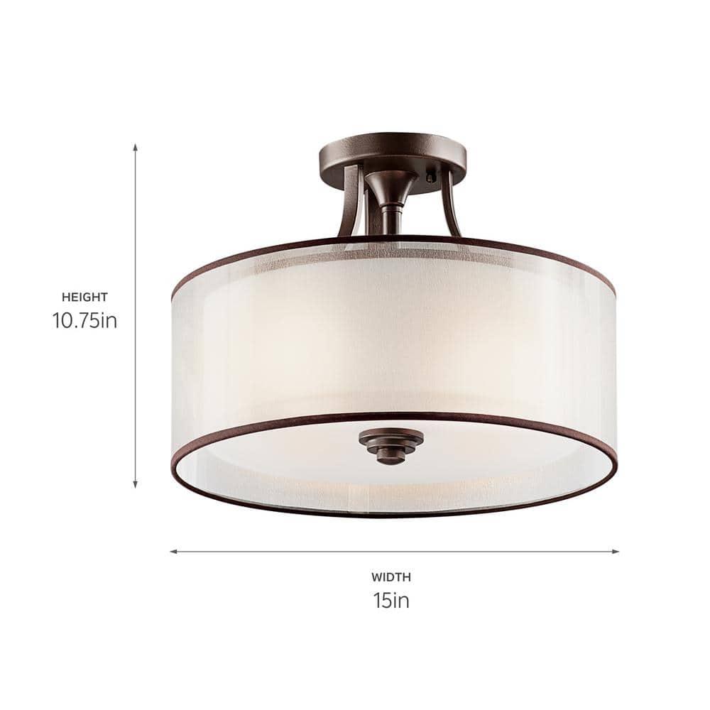 Lacey 15" 3 Light Semi Flush with Satin Etched Cased Opal Inner Diffusers and White Translucent Organza Outer Shade in Antique Pewter