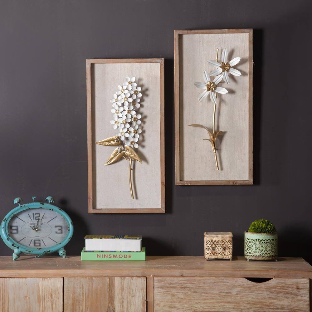 LuxenHome Set of 2 White and Gold Flower Bouquet Wall Decor Brown