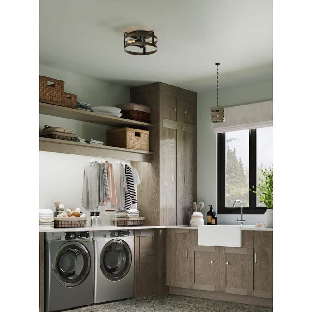 Progress Lighting Gulliver 2-Light Flush Mount Ceiling Light, Graphite, Open-Cage Design, Faux-Wood Finish