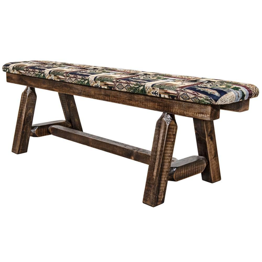 45 in. Homestead Collection Plank Style Bench with Woodland Upholstery, Stain & Clear Lacquer Finish
